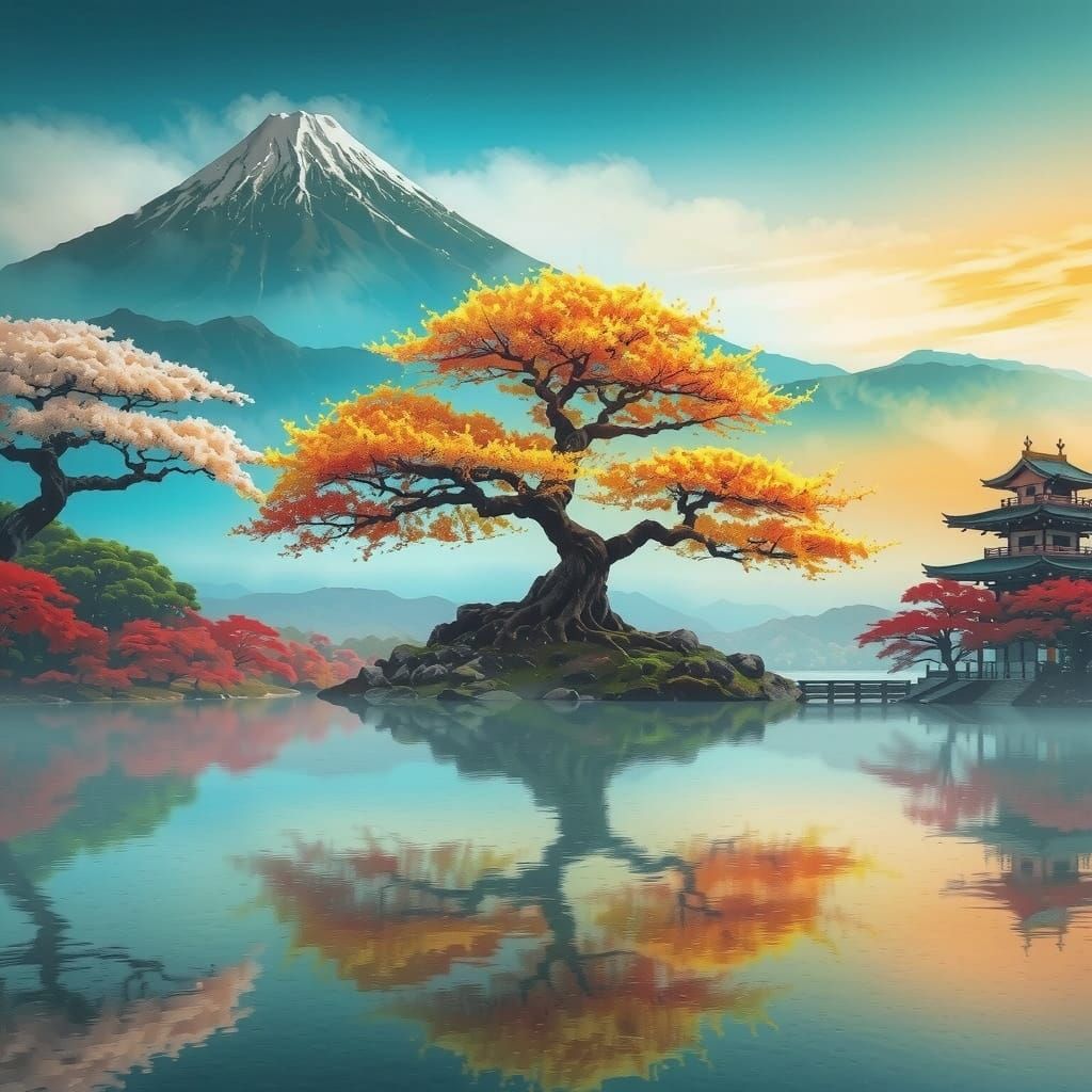 Ancient Sakura Tree Amidst Vibrant Misty Landscape