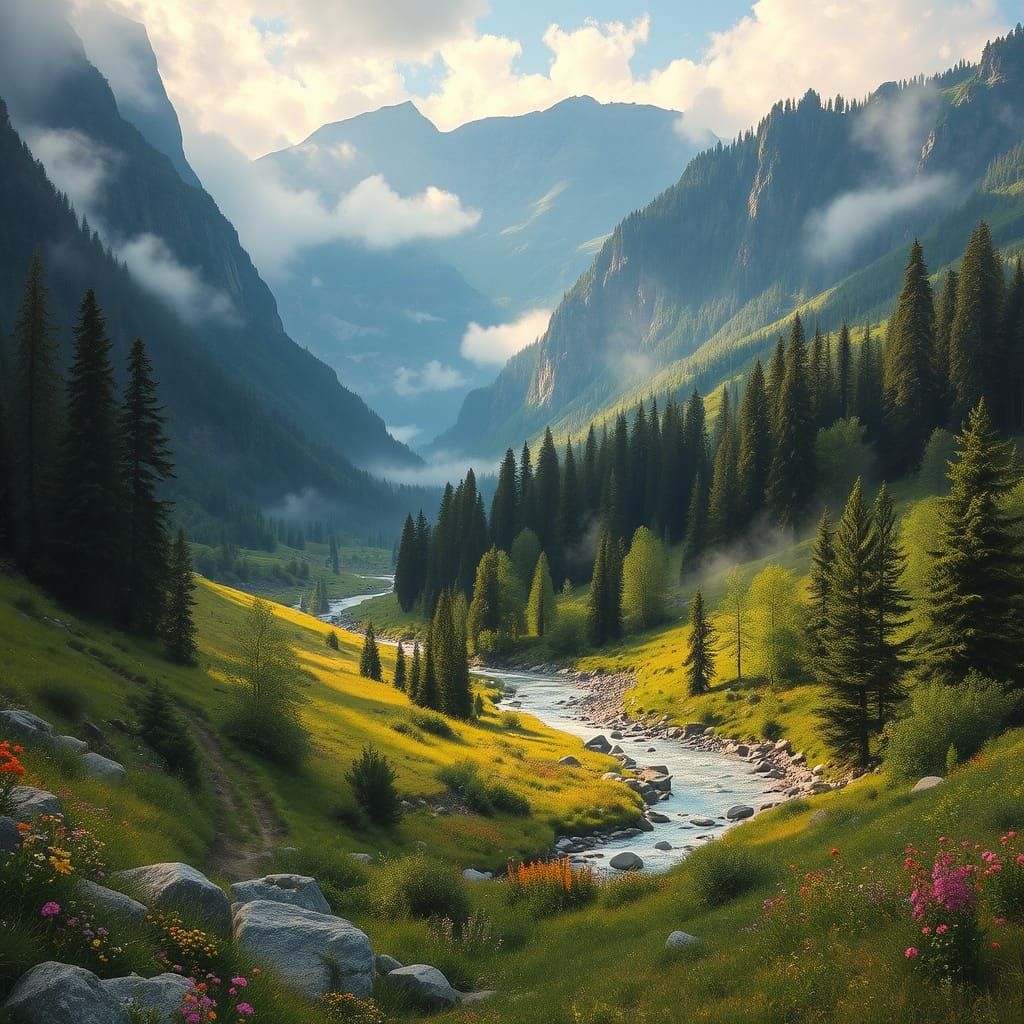 Lush Mountain Valley in the Style of Hudson River School