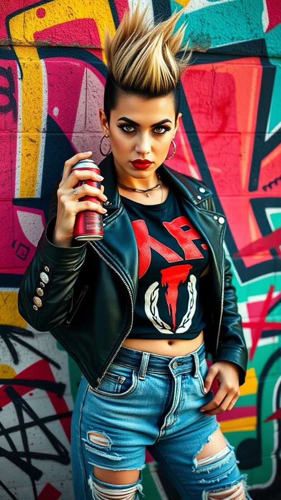 Rebellious Punk Rock Goddess with DIY Attire and Graffiti Ba...
