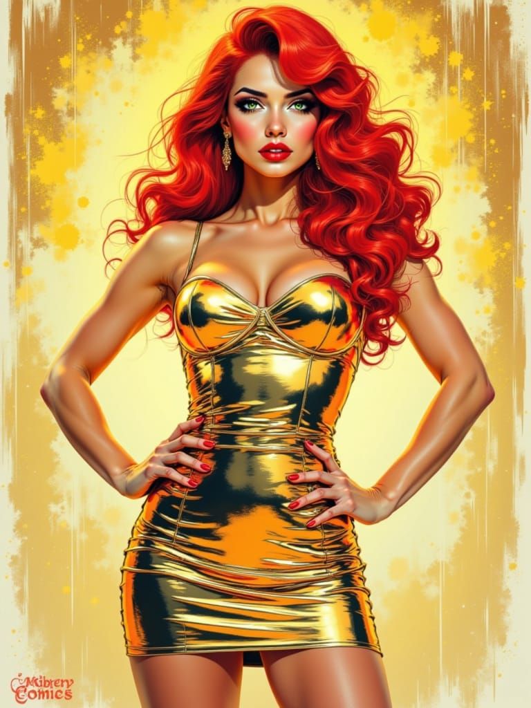 Swedish Pin-Up Woman In Gold Sundress With Flame Hair