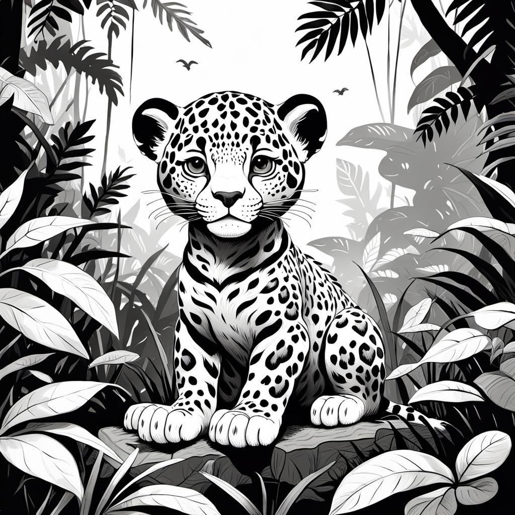 Cute Jaguar Cub in Black and White Linework