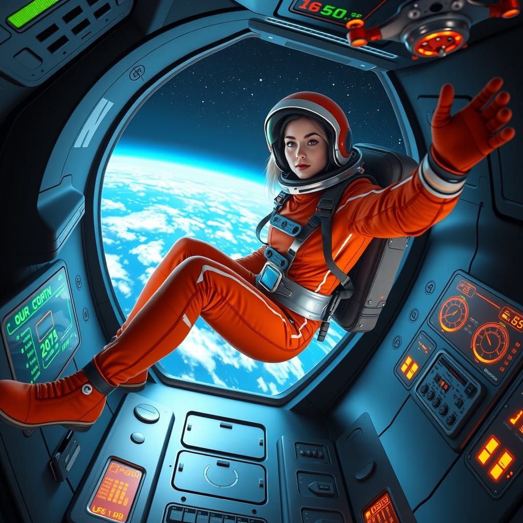 Female Pilot Floats in Sleek Spaceship of the Future