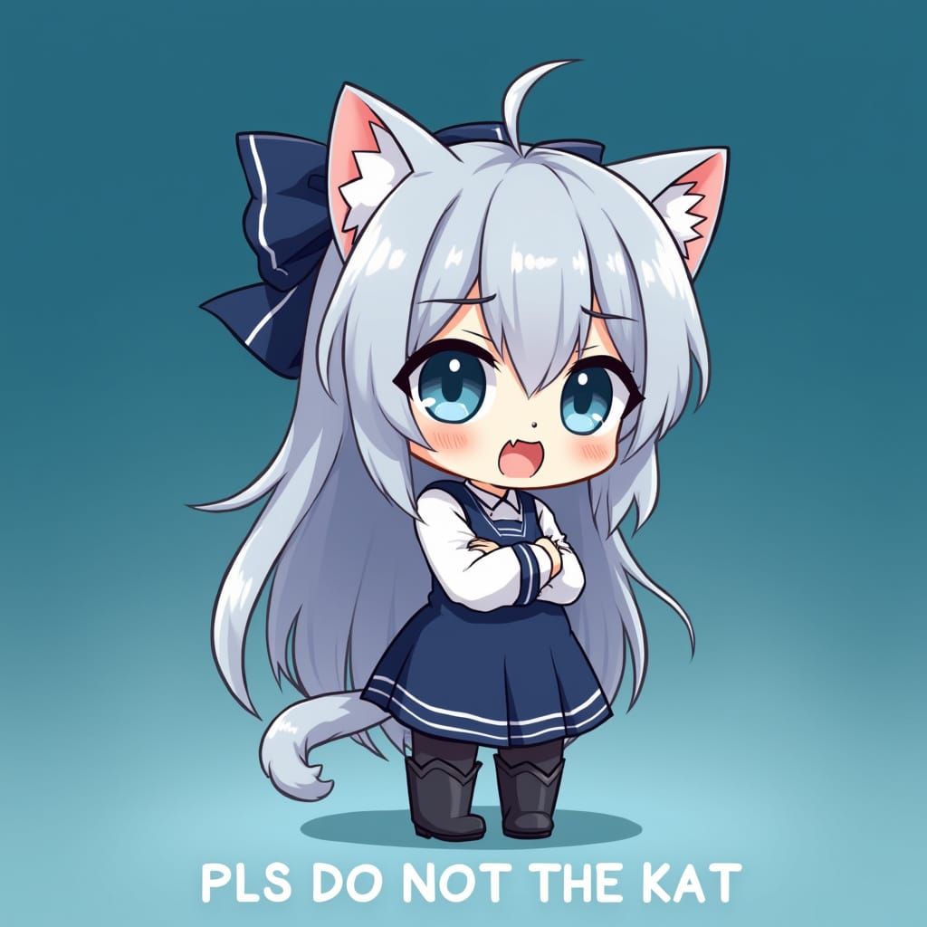 Chibi Anime Catgirl Plea in a Navy Blue Gradient Background