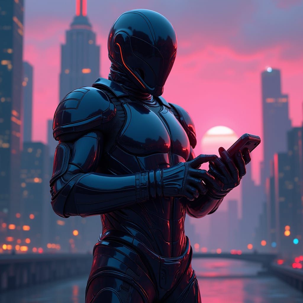 Futuristic Knight in Neon Cityscape