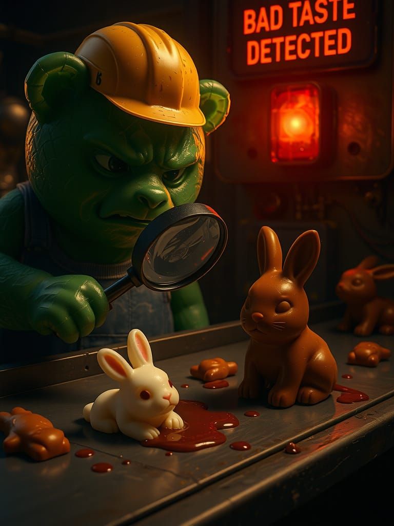 Grumpy Gummy Bear Inspects Melting Gummy Bunny in Industrial...