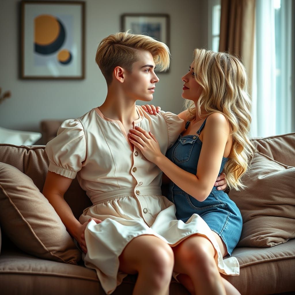 Androgynous Youth in Pastel Dress, Flanked by a Stunning Blo...