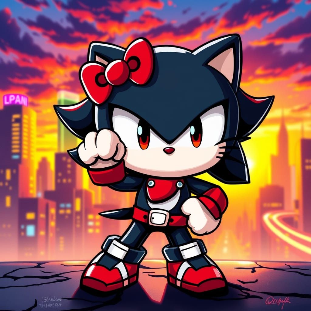 Chibi Hello Kitty as Shadow the Hedgehog in Neon Cityscape