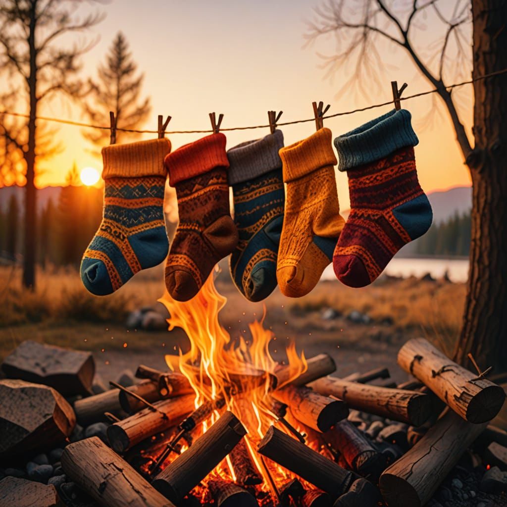 Wool Socks Drying Over Campfire at Sunset in Digital Art