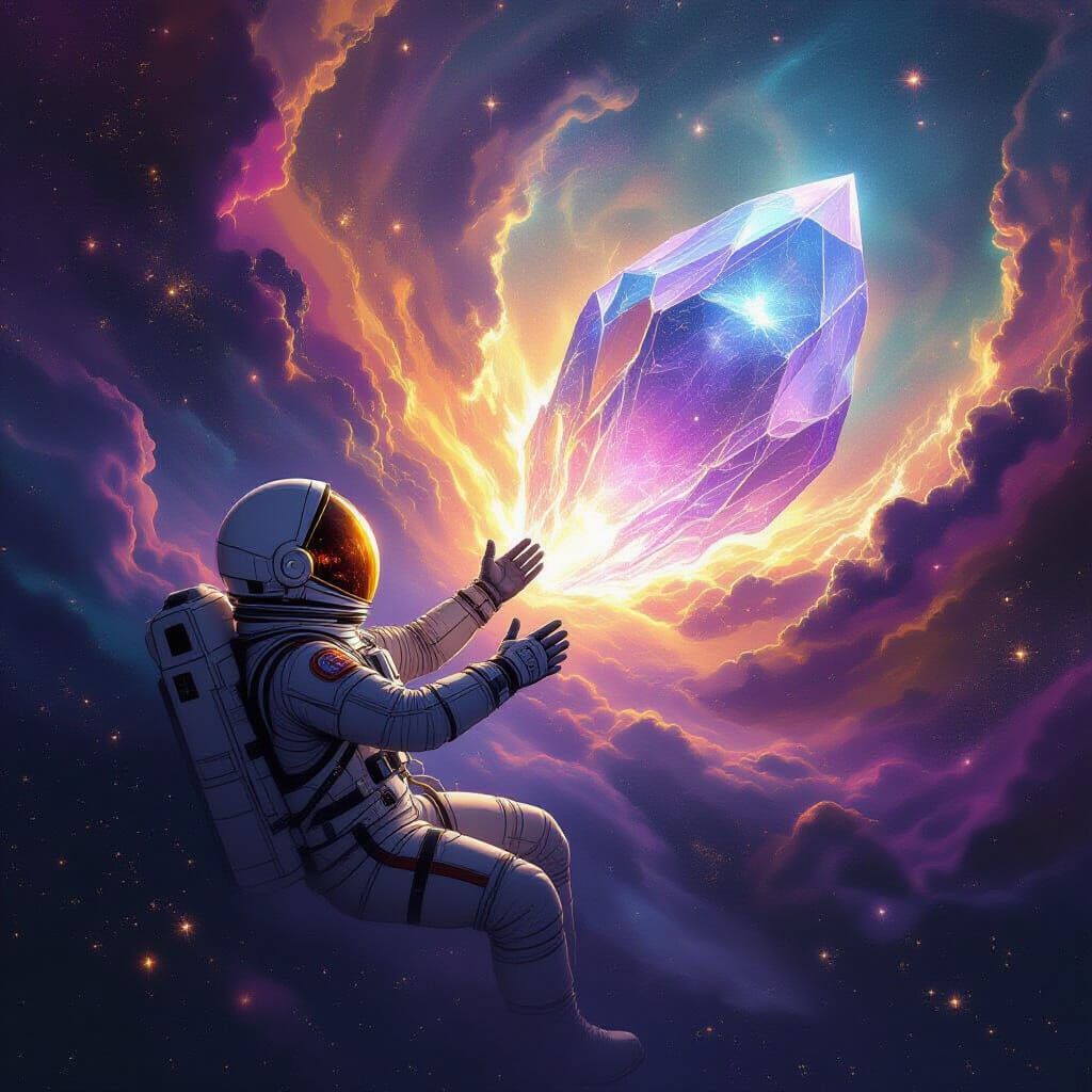 Astronaut Reaches for Crystalline Celestial Body in Cosmic O...