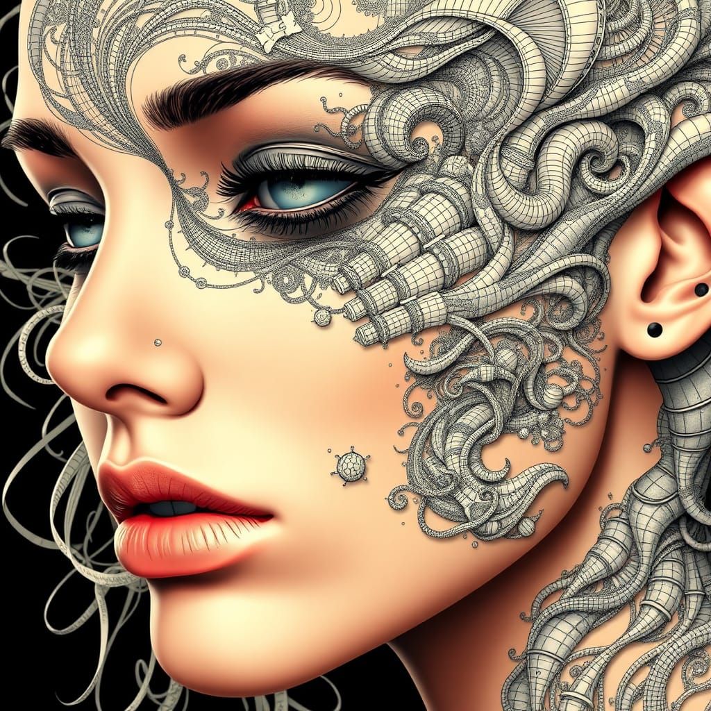 a female face, the skin is a distorted webbing abstract vector fractal, wave function, Zentangle, 3d shading