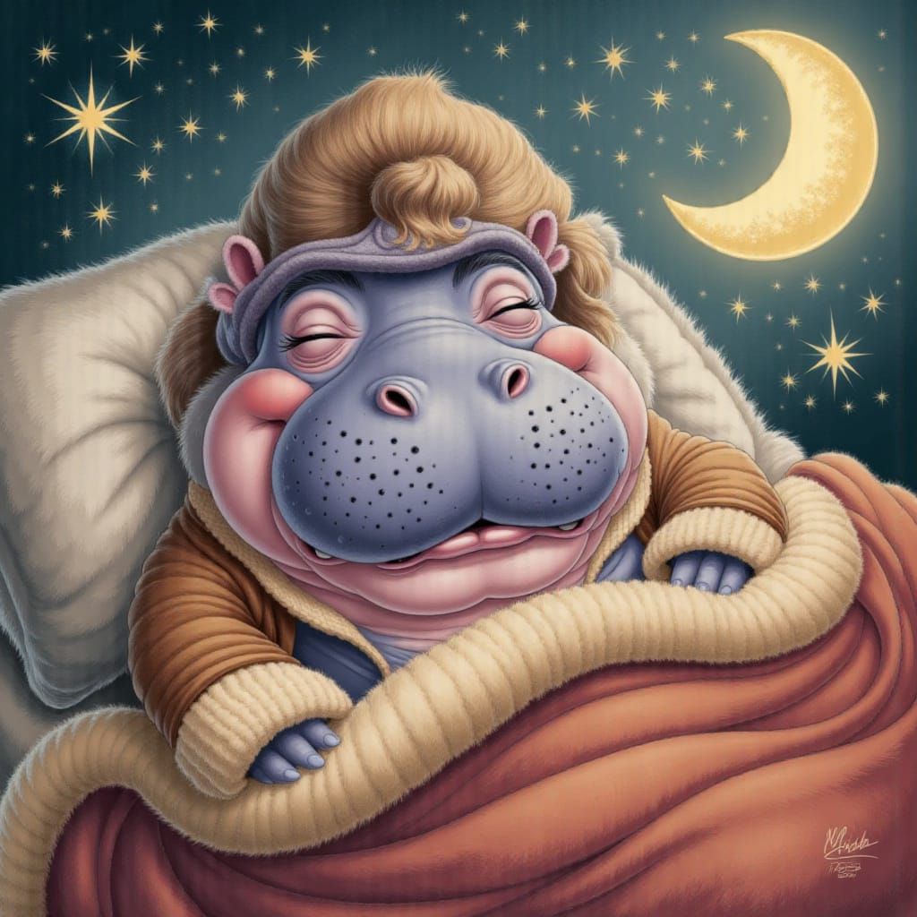 Hippo Dreams in Gouache Painting Style