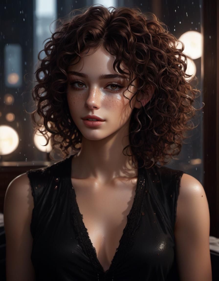 Smirking Brunette with Ringlets in Detailed Bedroom