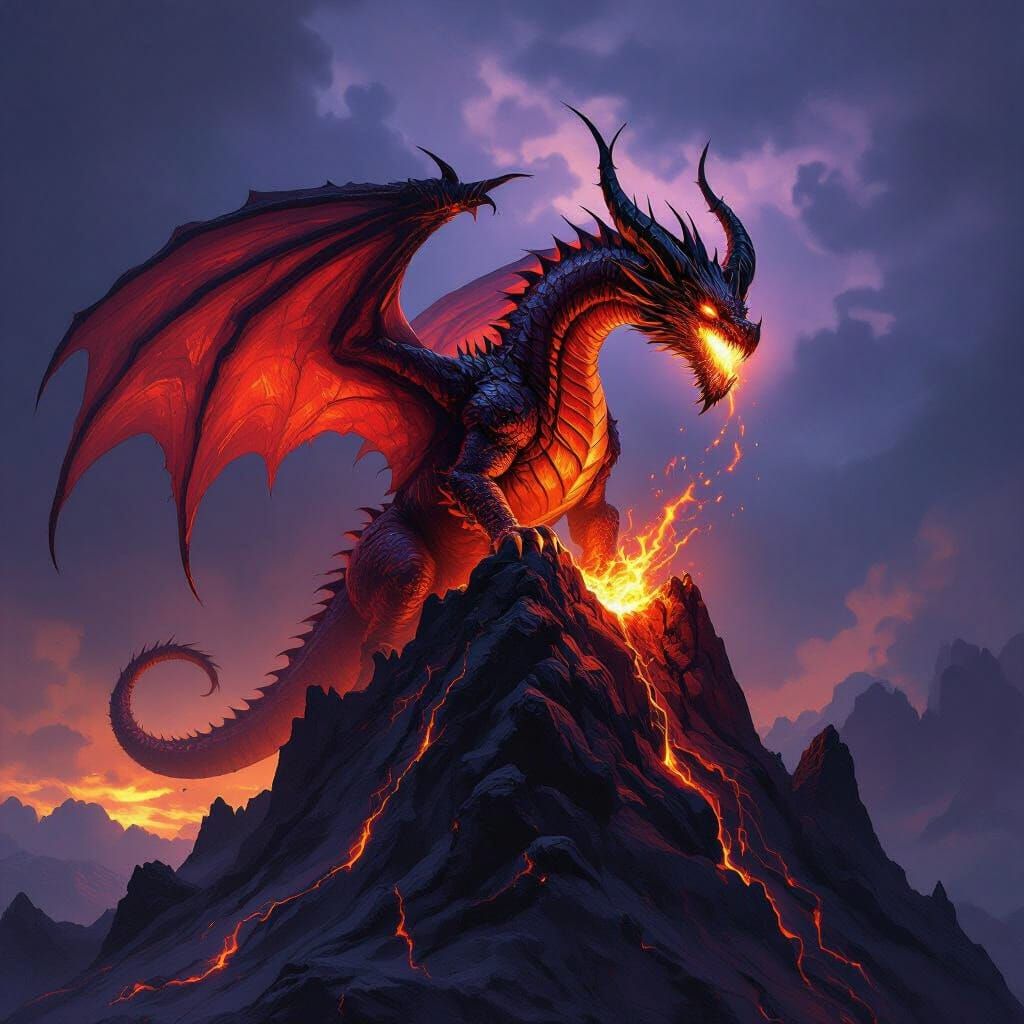 Colossal Dragon Spewing Lava on Volcanic Peak