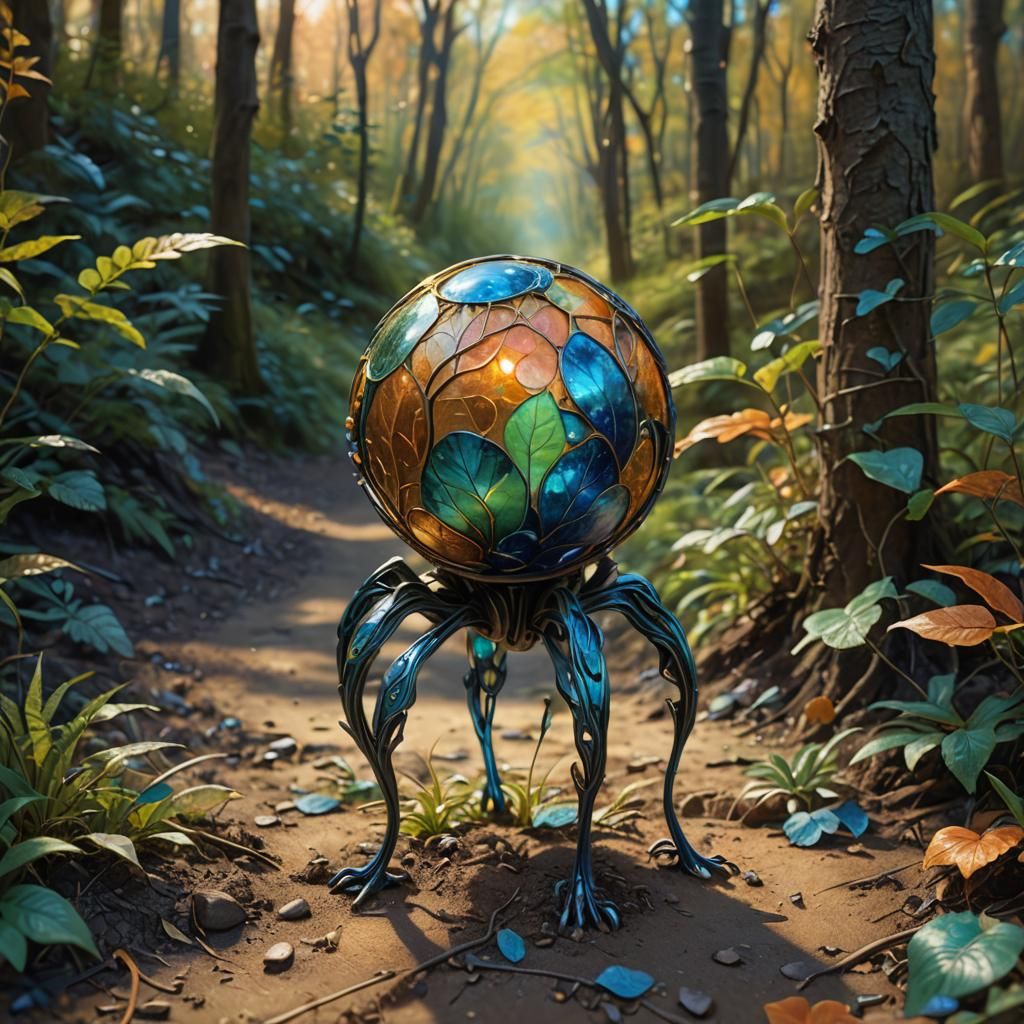 Spherical Metal Creature in Wooded Landscape, Art Nouveau