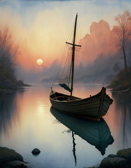 Sunset Maritime Reverie: Old Rowboat in Watercolor