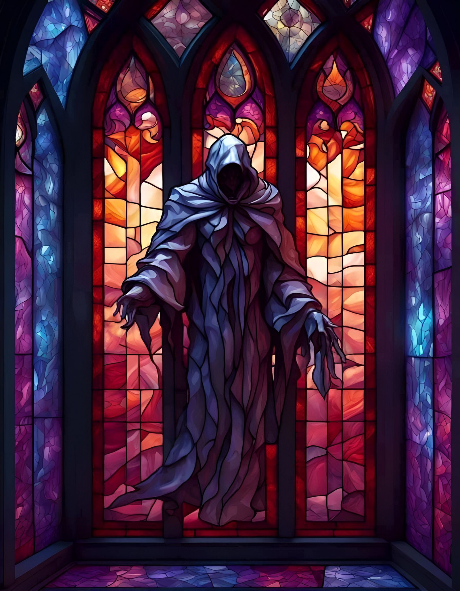 Ethereal Stained Glass Ghost in a Dark Void