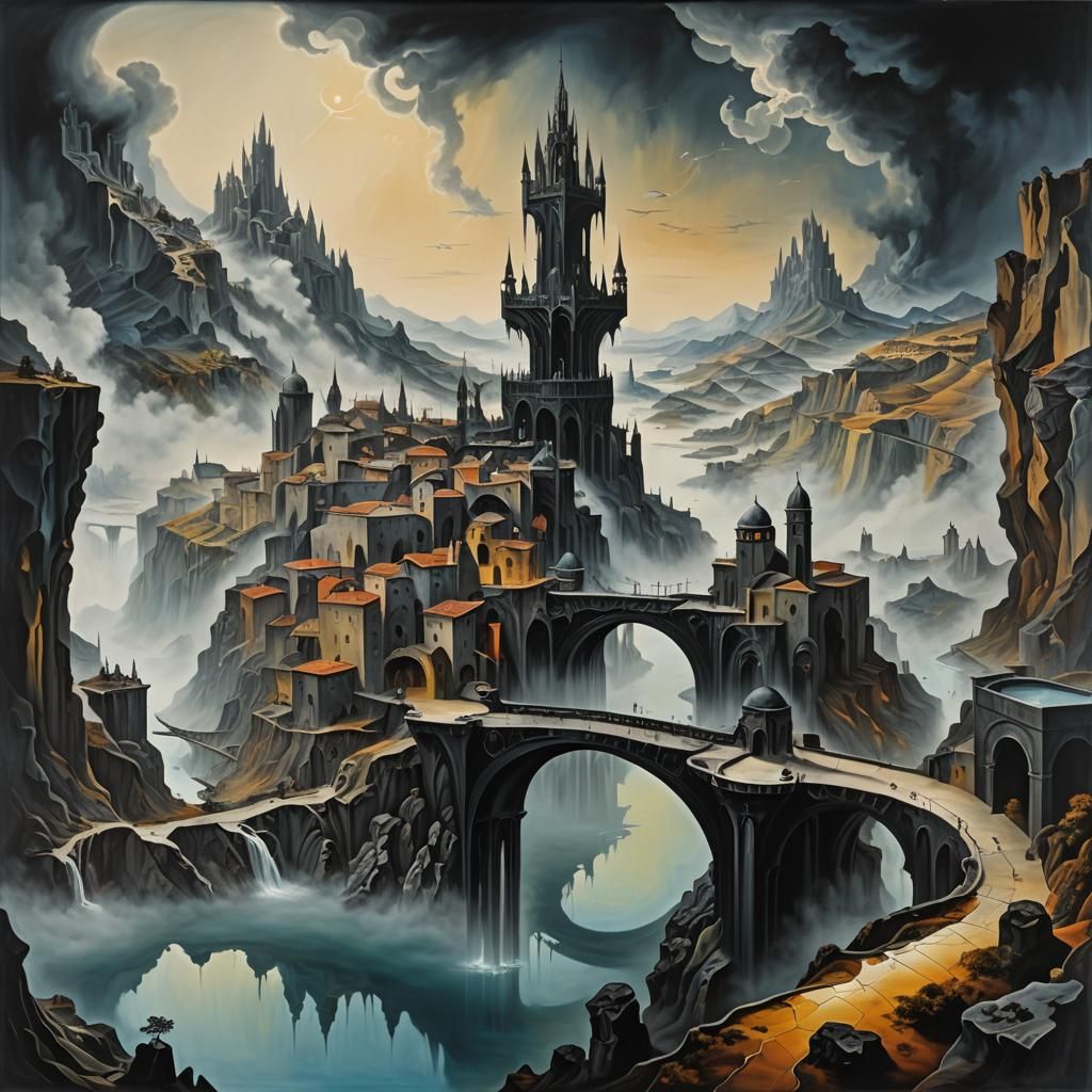 Surreal Black Medieval City of Marble and Fog