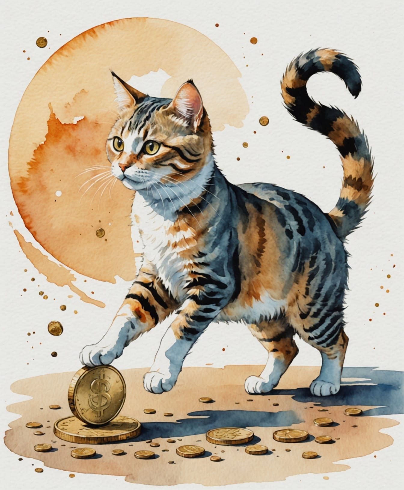 Whimsical Coin and Cat in Dynamic Watercolor Movement