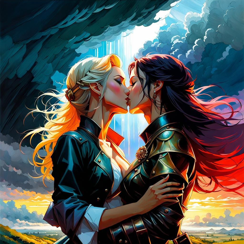 Passionate Kiss in Stormy Fantasy Landscape