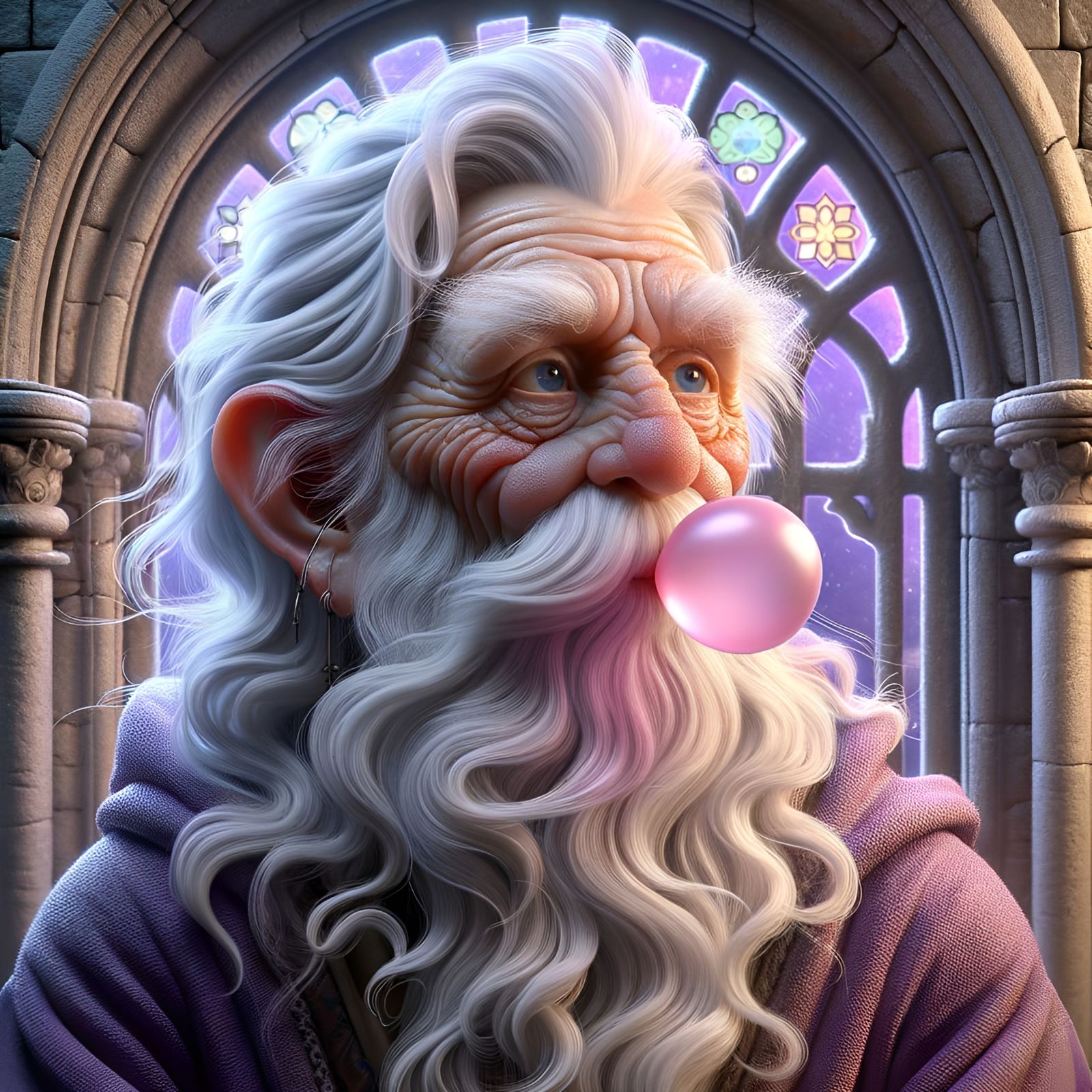Whimsical Wizard Blowing Bubblegum in Romantic Style