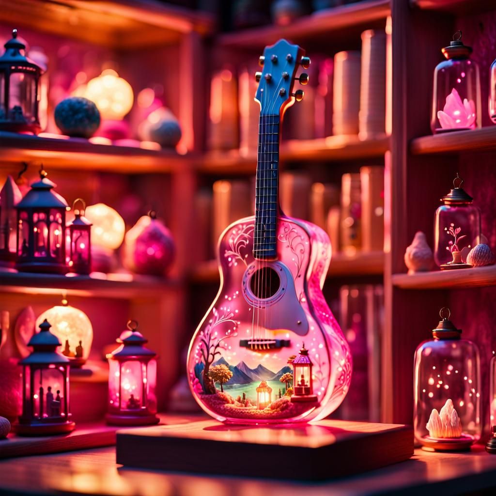 Pink Glass Guitar Miniature World Miyazaki Style