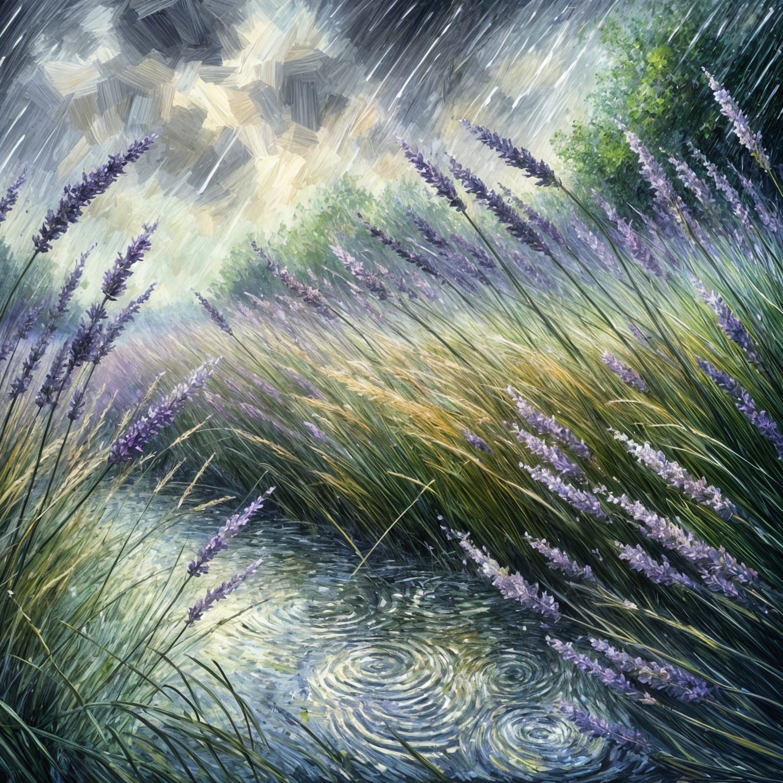 Impressionistic Rainstorm Over Lavender Field