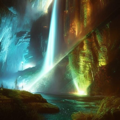 Glowing Waterfall at Night: Fantasy Concept Art