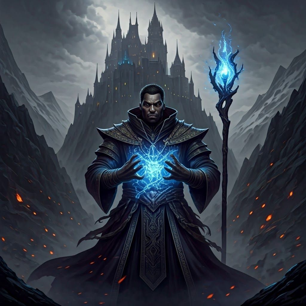Dark Sorcerer Casts Spell in Fantasy Landscape