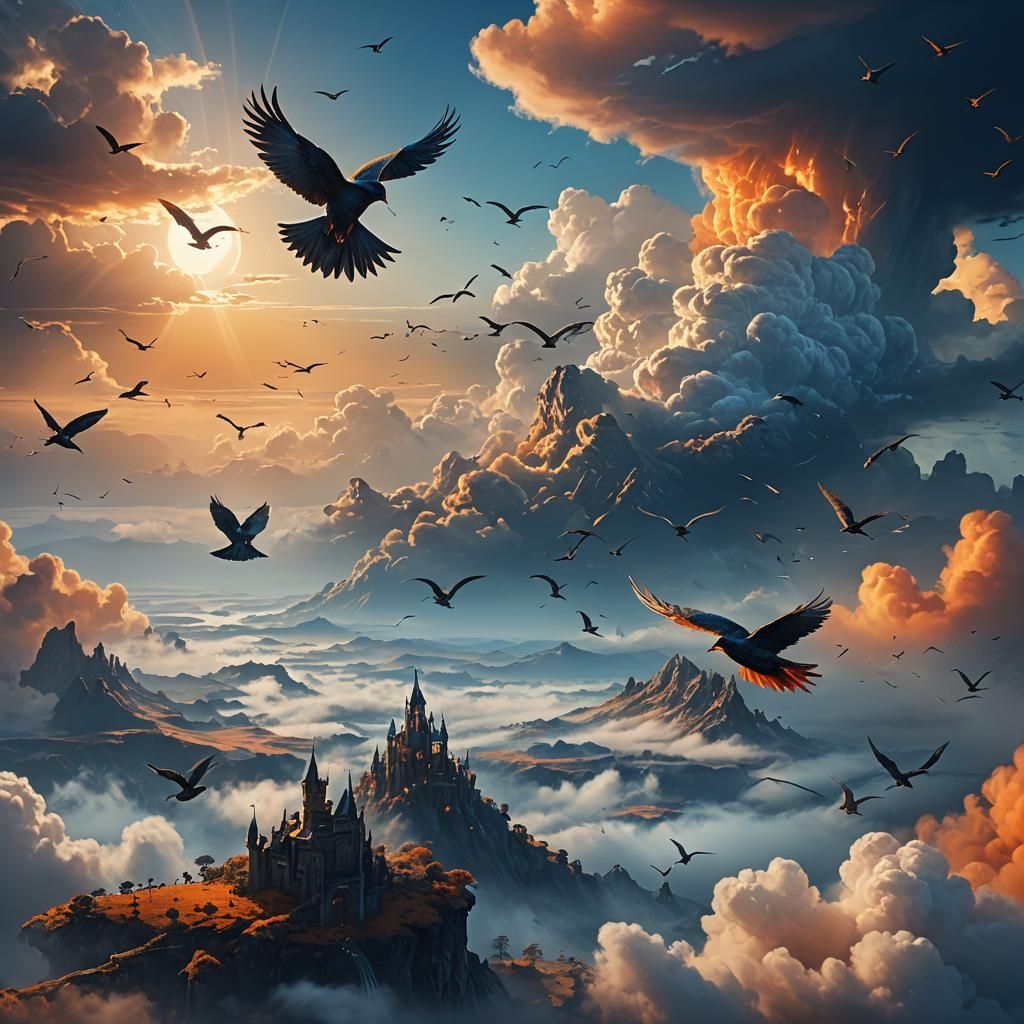 Birds Soaring Over Fantasy Landscape in Matte Painting Style