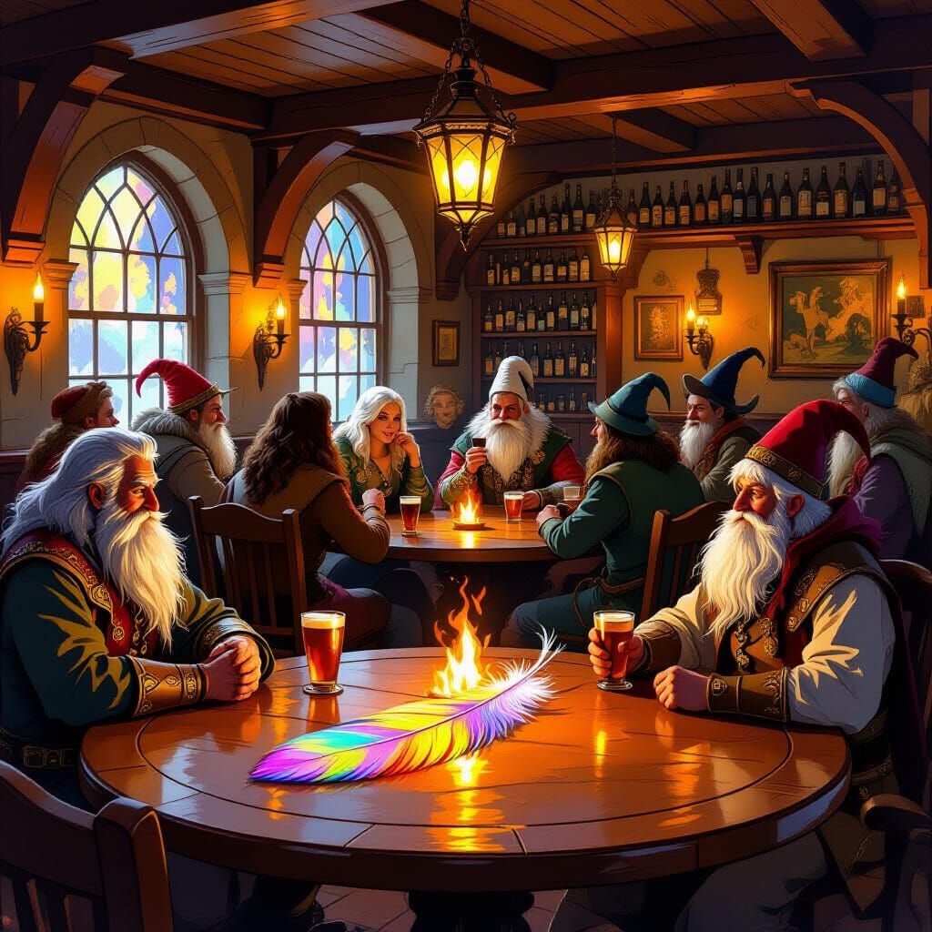 Cozy Dimly Lit Tavern Interior with Fantastical Patrons
