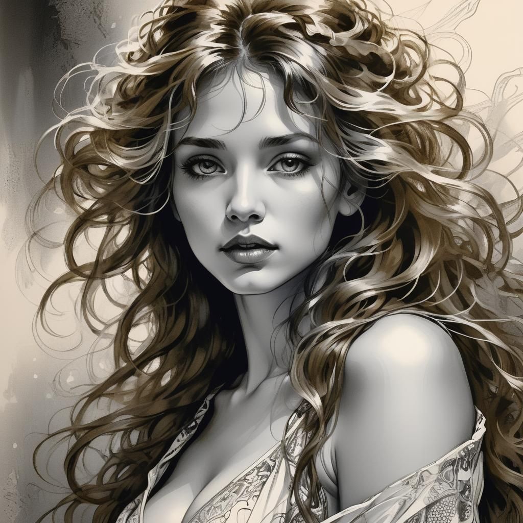 Elegant Woman Portrait in Black and White Sketch