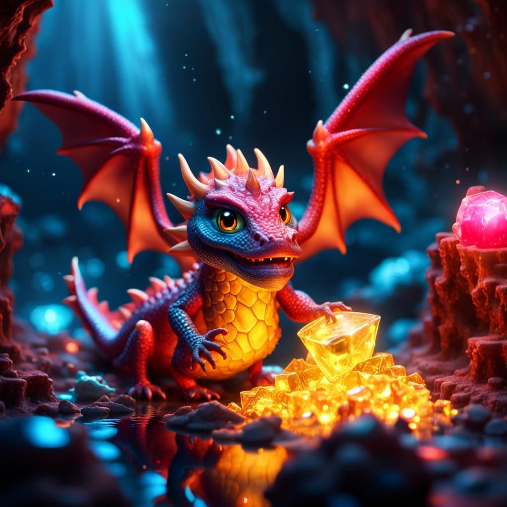 Glowing Baby Dragon Protects Treasure in Crystal Cave