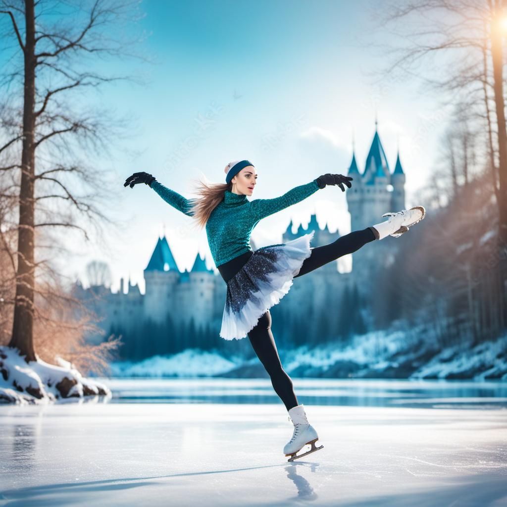 Ice Skater in Winter Forest with Castle Ruins