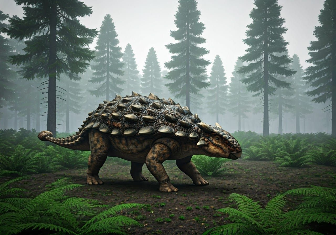 Ancient Ankylosaurus Roams Foggy Cretaceous Forest in Muted...