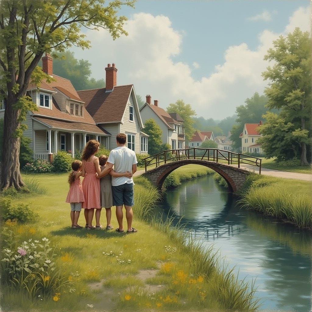 Family Gazes Across River in Impressionist Style