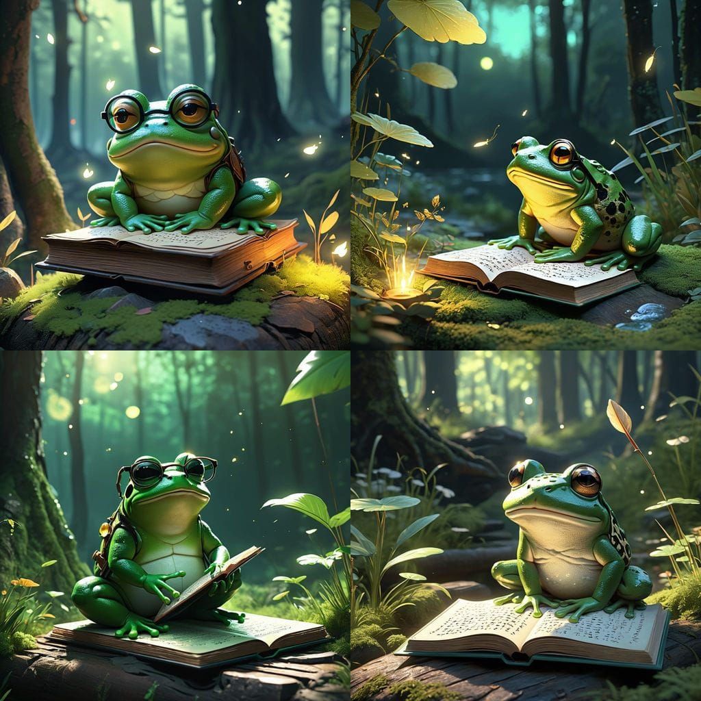 Chubby Frog Scholar Writes in Ancient Book with Feather Quil...