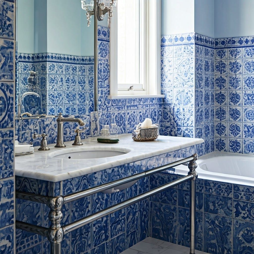 Luxurious 17th-Century Inspired Bathroom in Soft Blues and W...