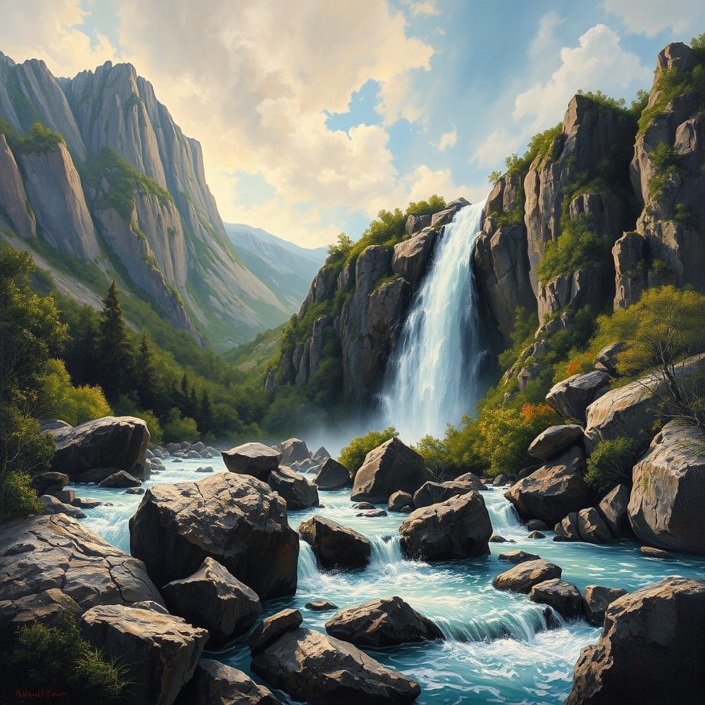 Majestic Mountain Waterfall in Thick Impasto Oils