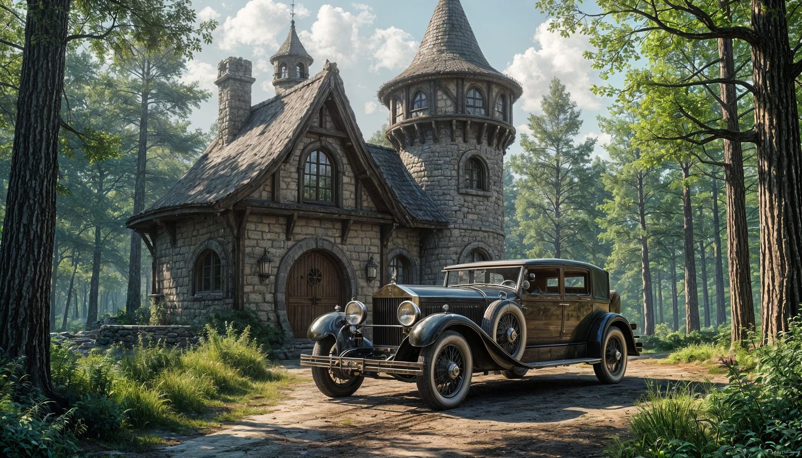 1924 Rolls Royce and Elven Cottage, Detailed Matte Painting