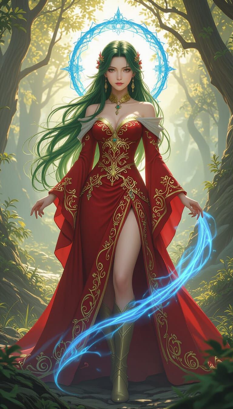 Fantasy Heroine with Green Hair in Red Dress, Mystical Aura