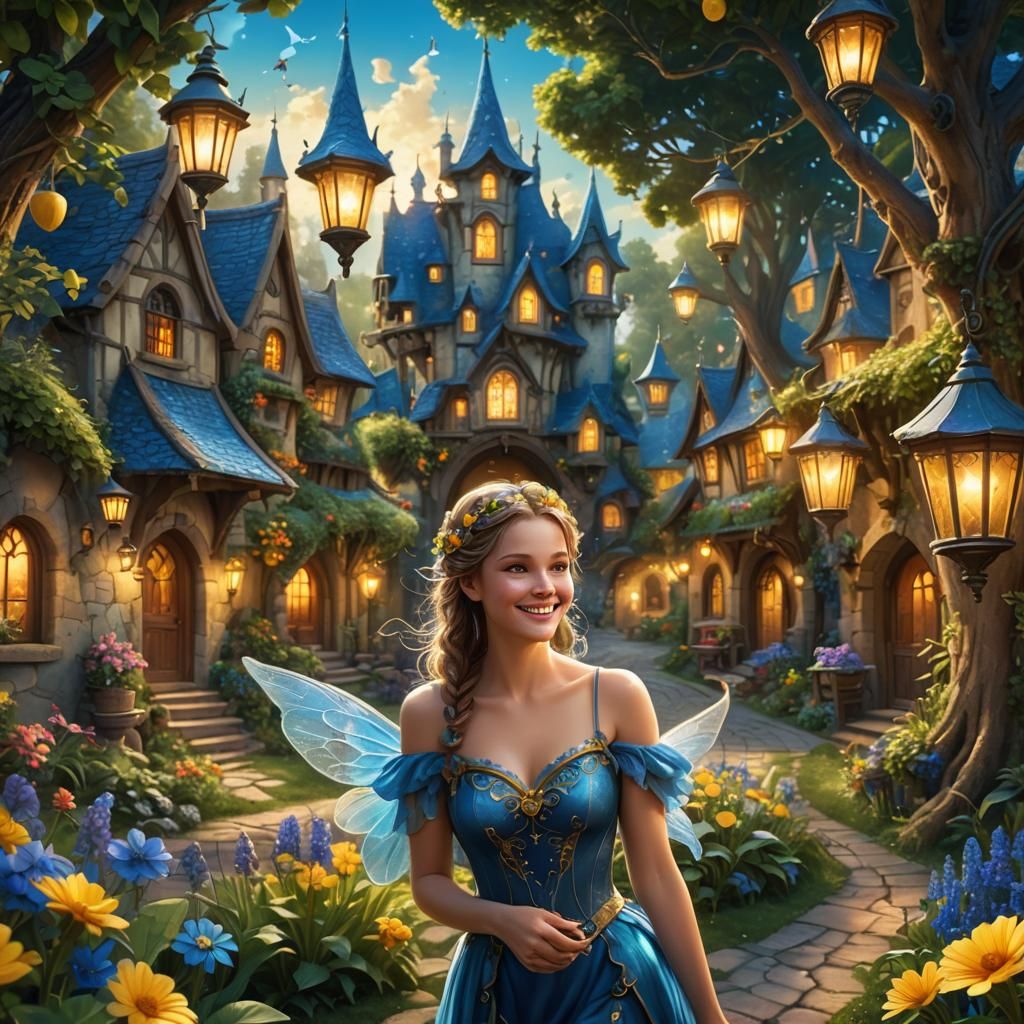 Blue Fairy in Pathwood Village: Fantasy Concept Art