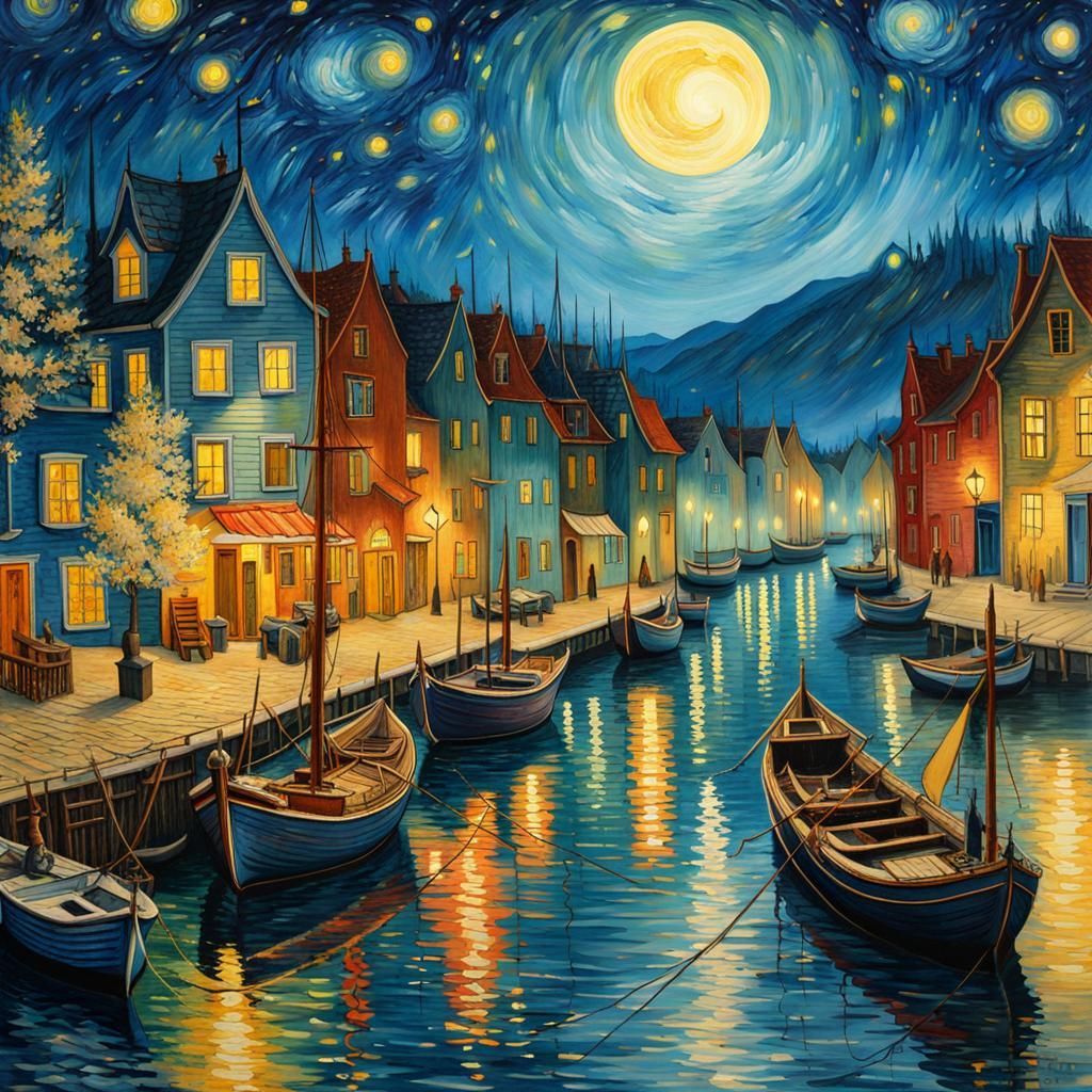 Fishing Harbor at Night in Watercolor Style