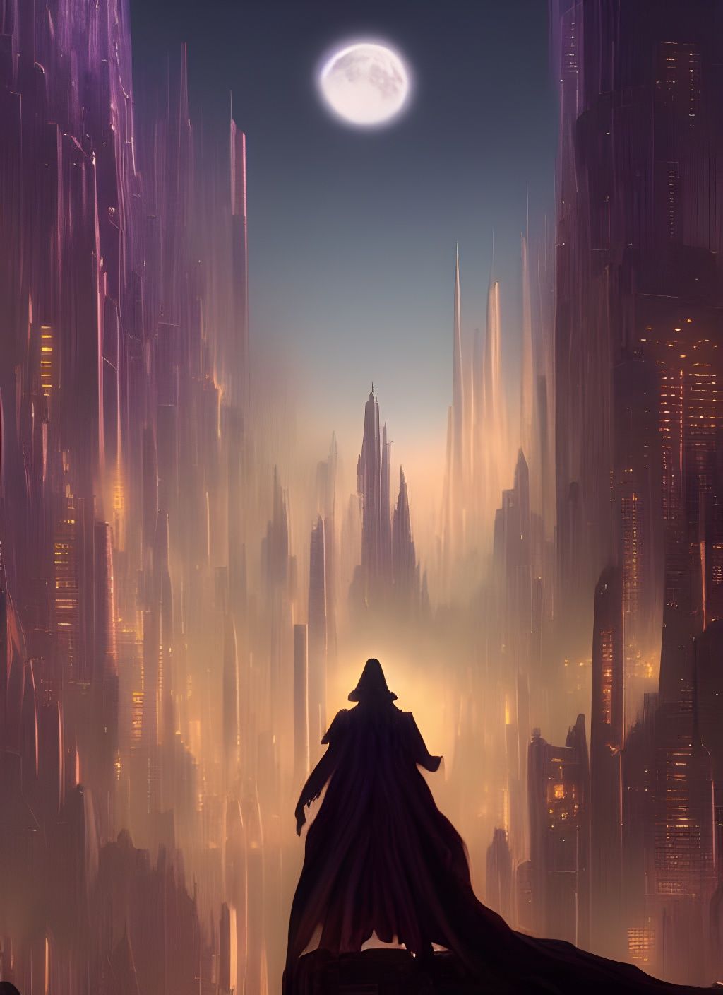 Warlock Surveys Moonlit Metropolis in Digital Matte Painting