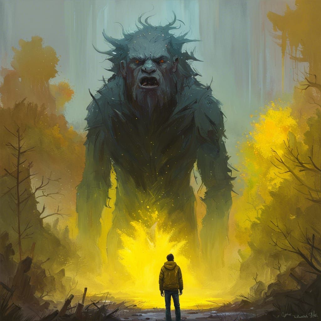 Luminous Man Confronts Beast: An Oil Painting
