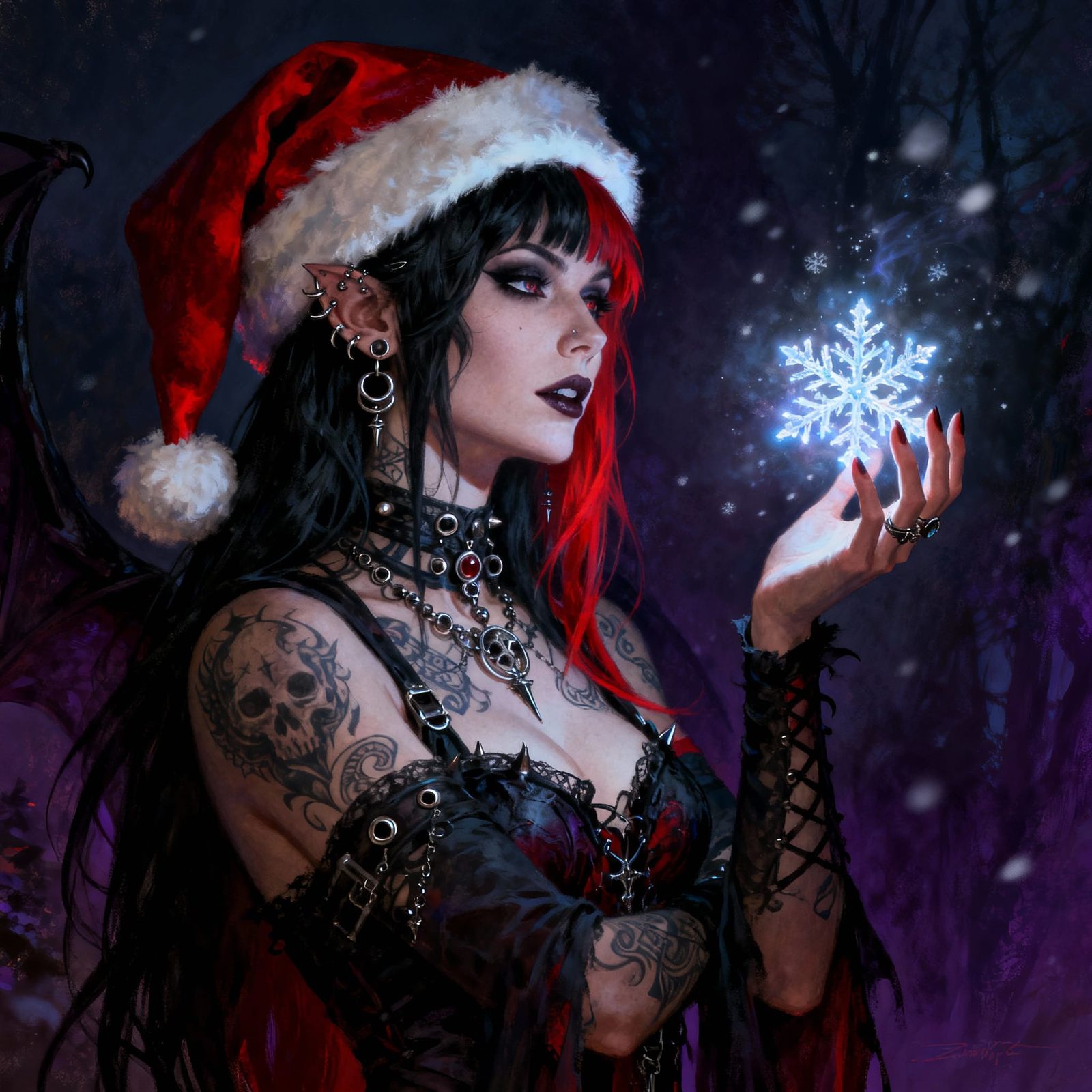 Gothic Woman With Red Black Hair Holds Glowing Snowflake