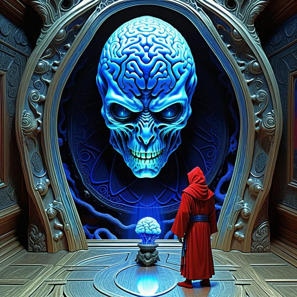 Alien Demon Offering Brain to Monk in Mirrors