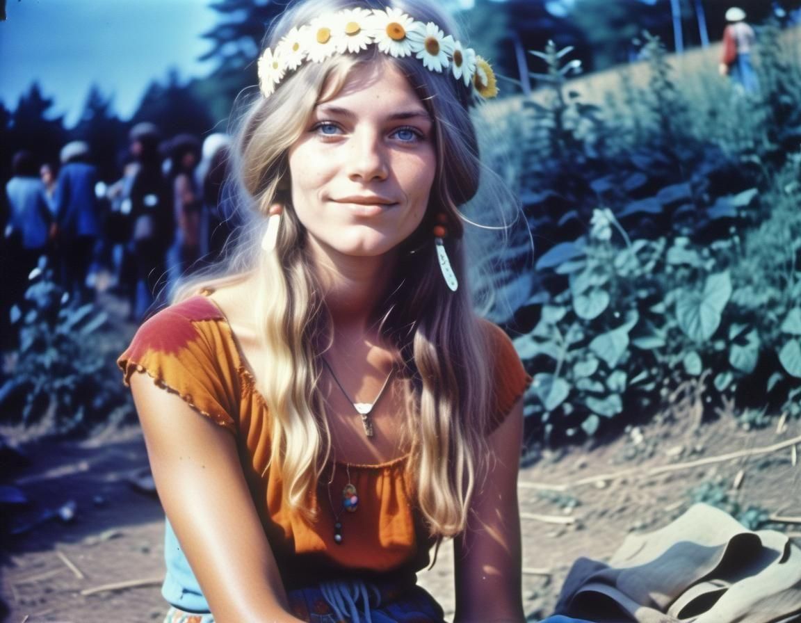 Hippy Woman at Woodstock Festival, Vintage Photo
