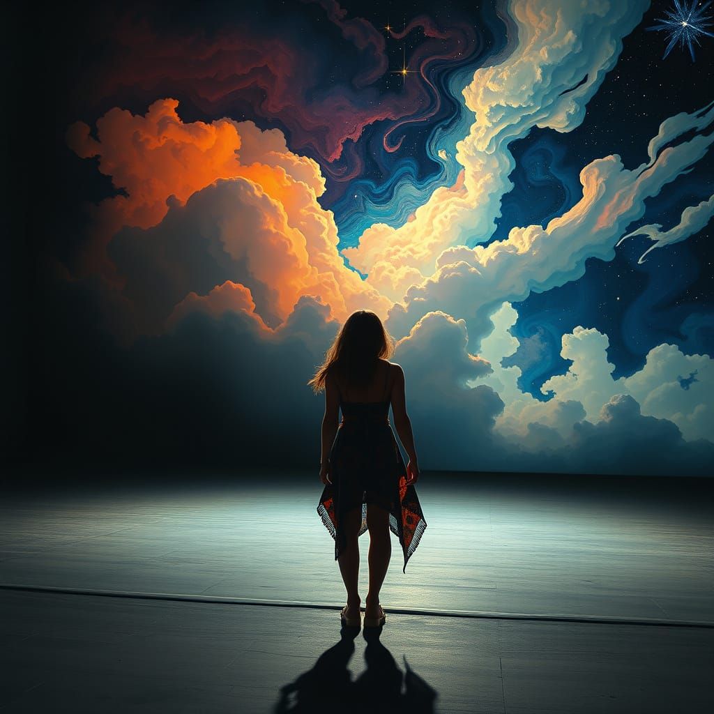 Mysterious Stage Dancer in Abstract Dreamscape