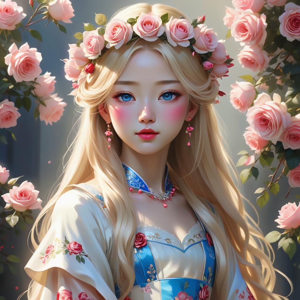 Japanese Girl with Flower Crown: Digital Art