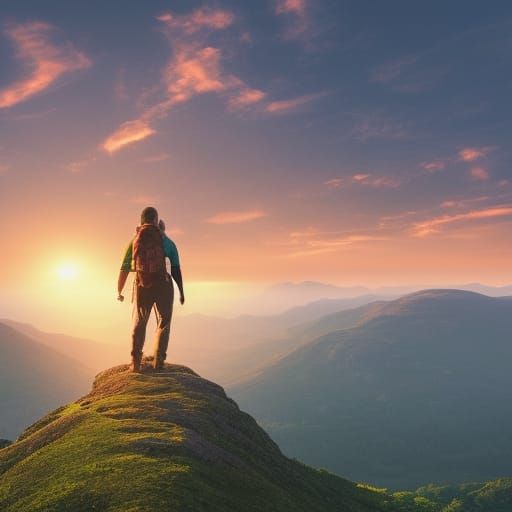 Hiker's Triumph: Mountain Sunset in Warm Colors